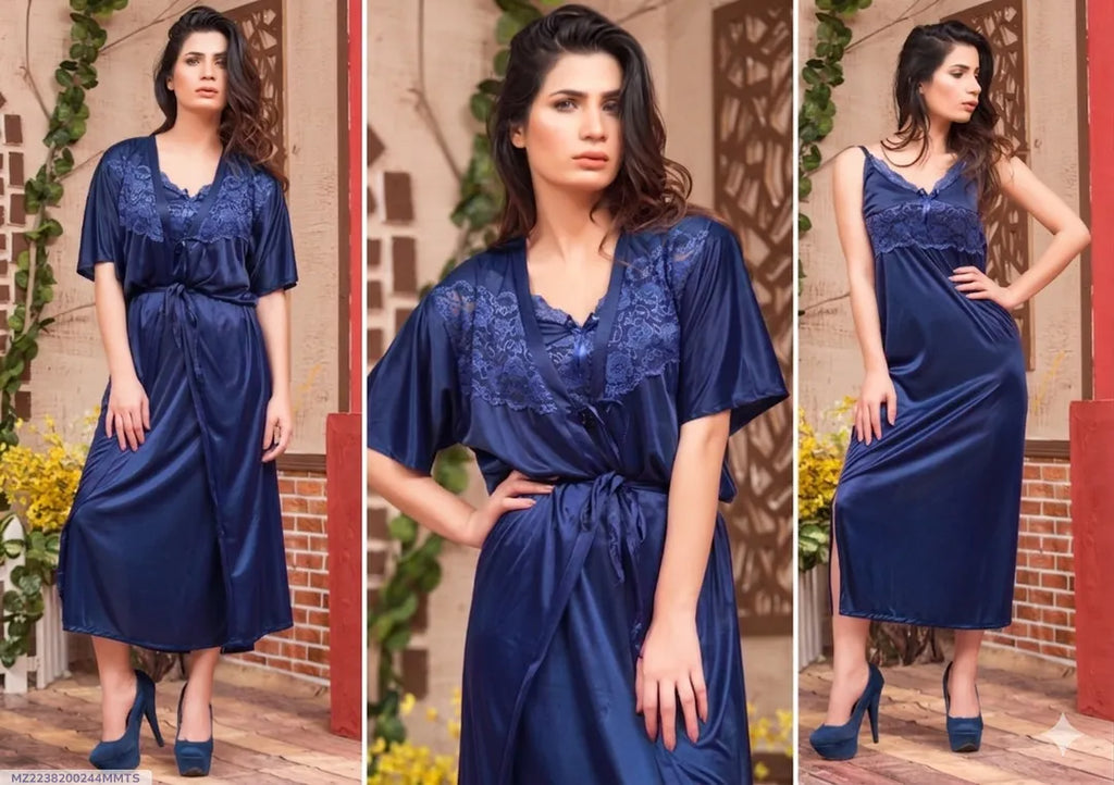 Blue Silk Lace V-Neck Nightgown Set 2 Pcs