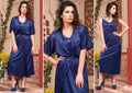 Blue Silk Lace V-Neck Nightgown Set 2 Pcs