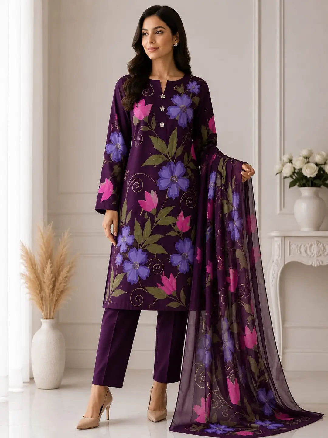 Unstitched 3 Piece Silk Suit for Women Digital Printed | Multishade Long Airline Shirt Trouser Dupatta | Ladies Silk Dress
