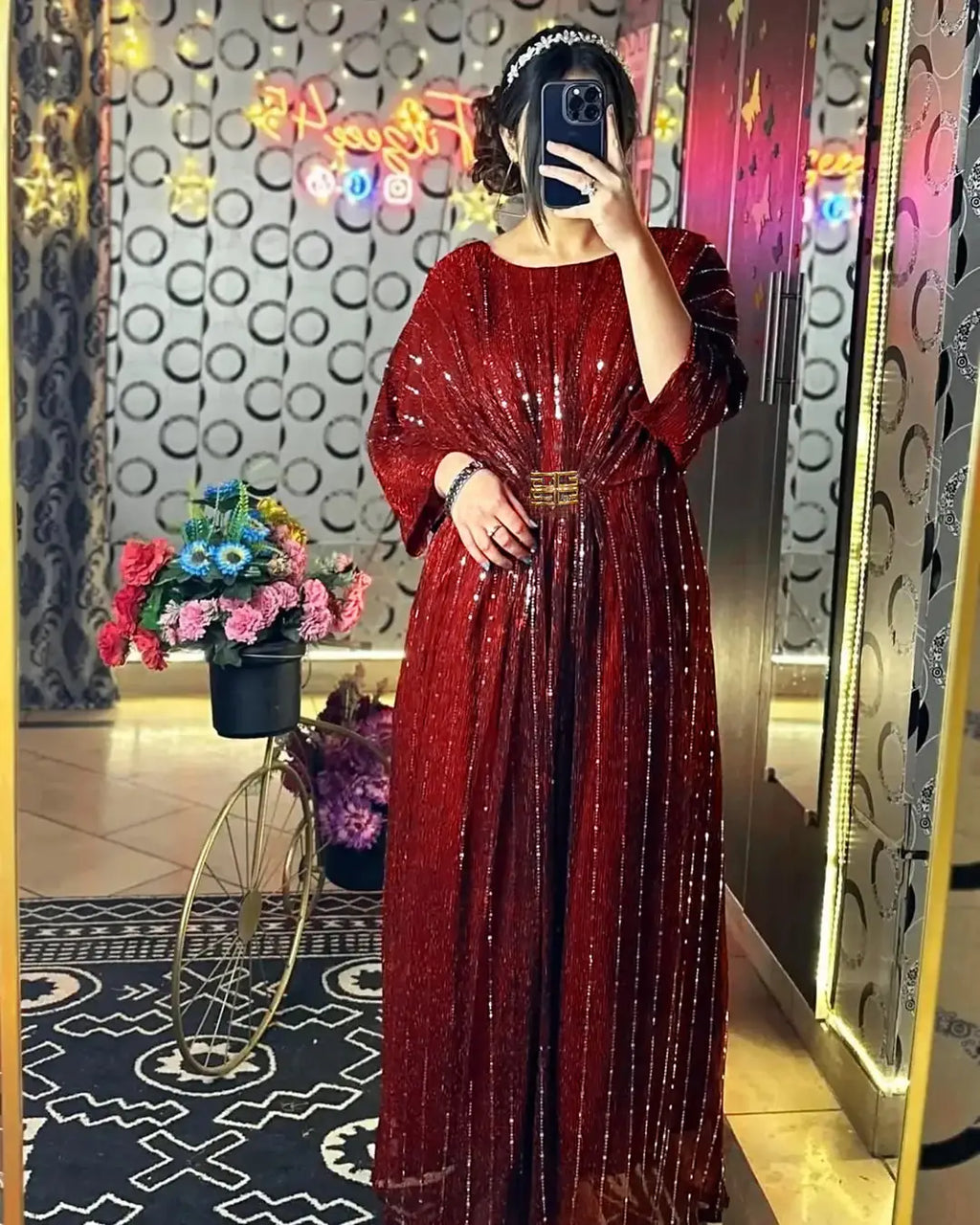 Moonlight Fabric Long Kaftan for Women with Bakkal & Attached Crepe Inner – Free Size Modest Maxi Kaftan Dress (54/55 Inches)