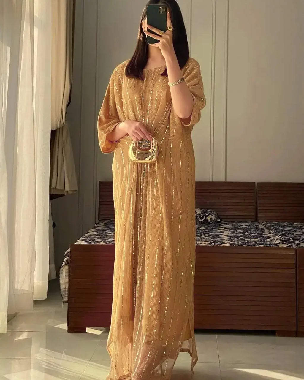 Moonlight Fabric Long Kaftan for Women with Bakkal & Attached Crepe Inner – Free Size Modest Maxi Kaftan Dress (54/55 Inches)