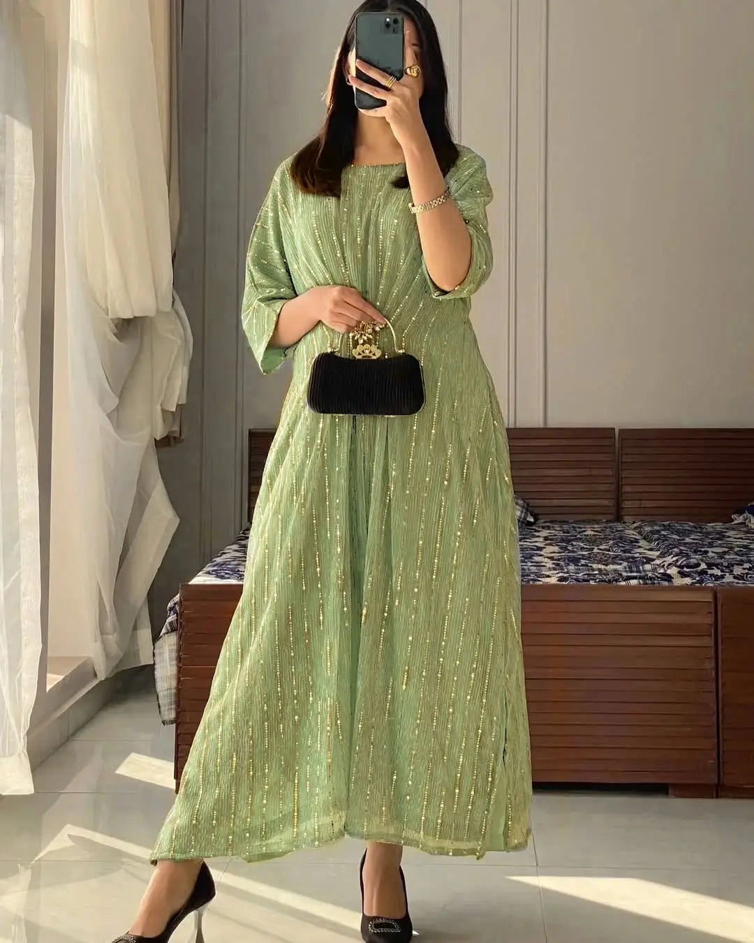 Moonlight Fabric Long Kaftan for Women with Bakkal & Attached Crepe Inner – Free Size Modest Maxi Kaftan Dress (54/55 Inches)