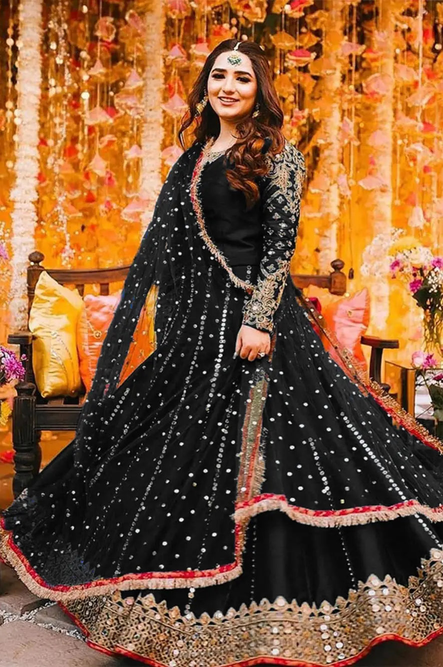 Women's Heavy Embroidered Silk Maxi 3 Piece Suit with Mirror Work, Pearl Lace Chiffon Dupatta & Trouser – Pakistani Party Wear Dress