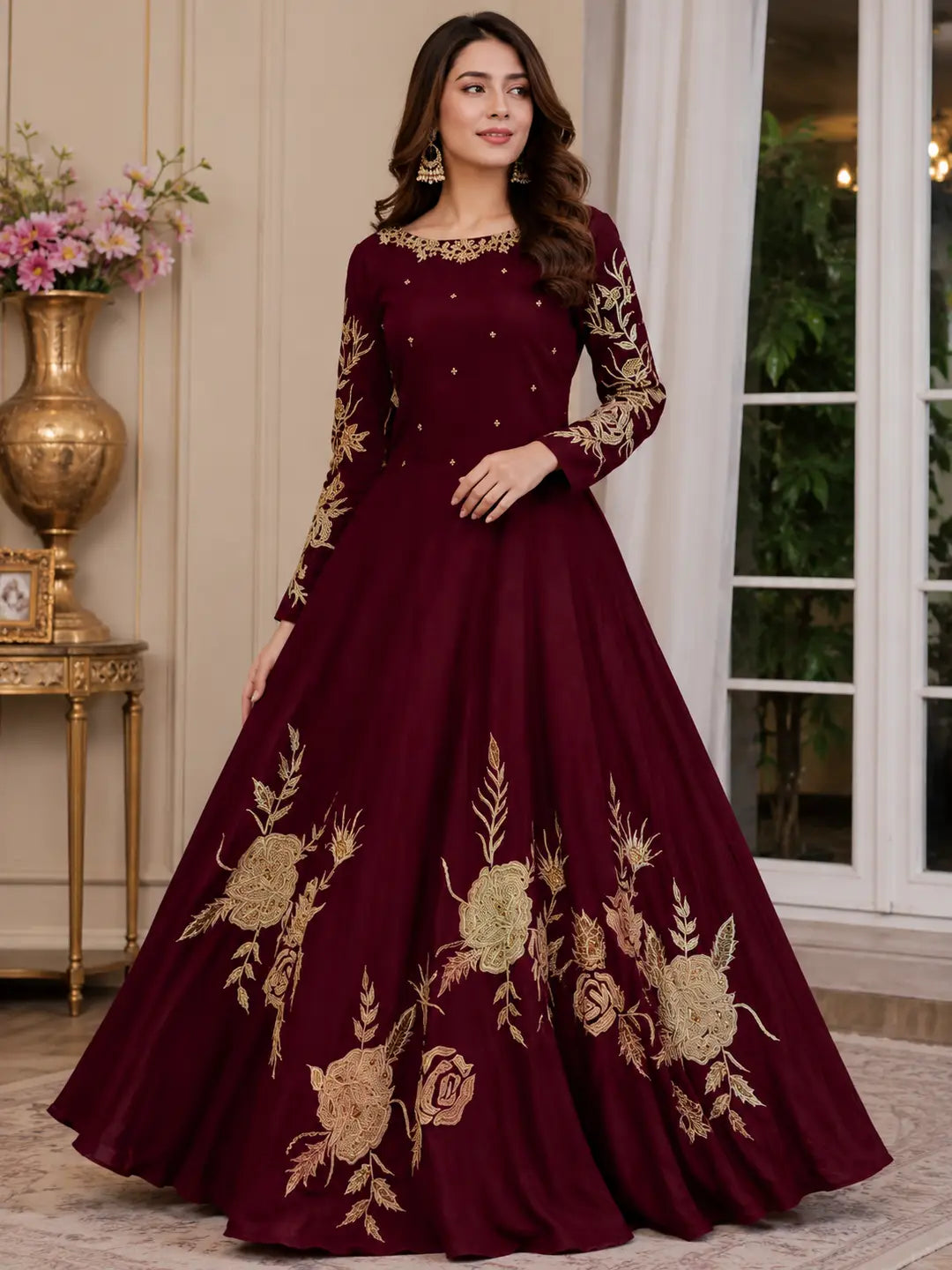Women's Heavy Embroidered Silk Maxi Dress | Fancy Party Wear Long Maxi Gown | Embroidered Neck, Sleeves & Bottom | Elegant Formal Dress for Women