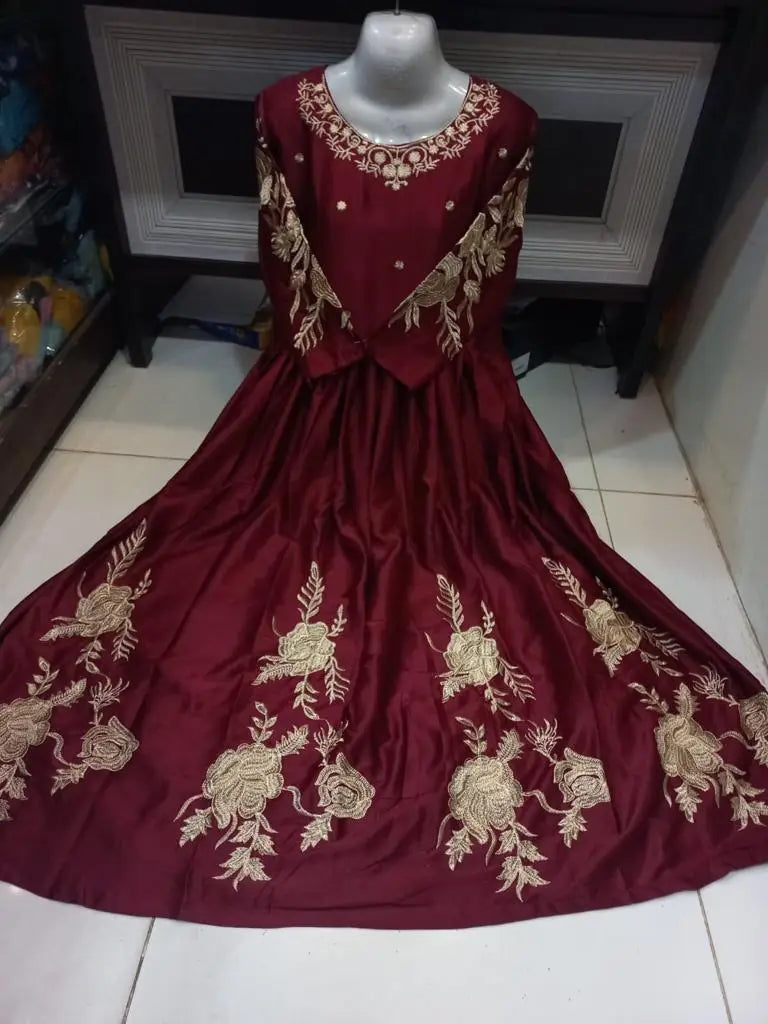 Women's Heavy Embroidered Silk Maxi Dress | Fancy Party Wear Long Maxi Gown | Embroidered Neck, Sleeves & Bottom | Elegant Formal Dress for Women