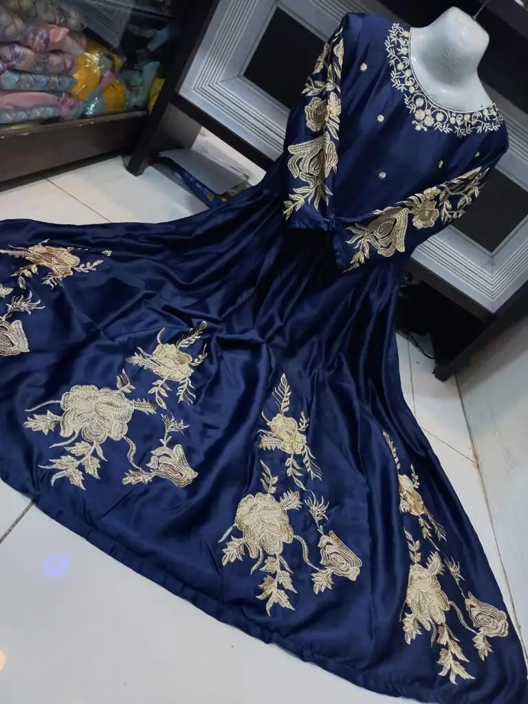 Women's Heavy Embroidered Silk Maxi Dress | Fancy Party Wear Long Maxi Gown | Embroidered Neck, Sleeves & Bottom | Elegant Formal Dress for Women