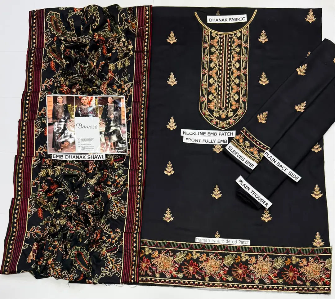 3 Pcs Women's Unstitched Embroidered Suit *BRAND: BAREEZ'E code Hb