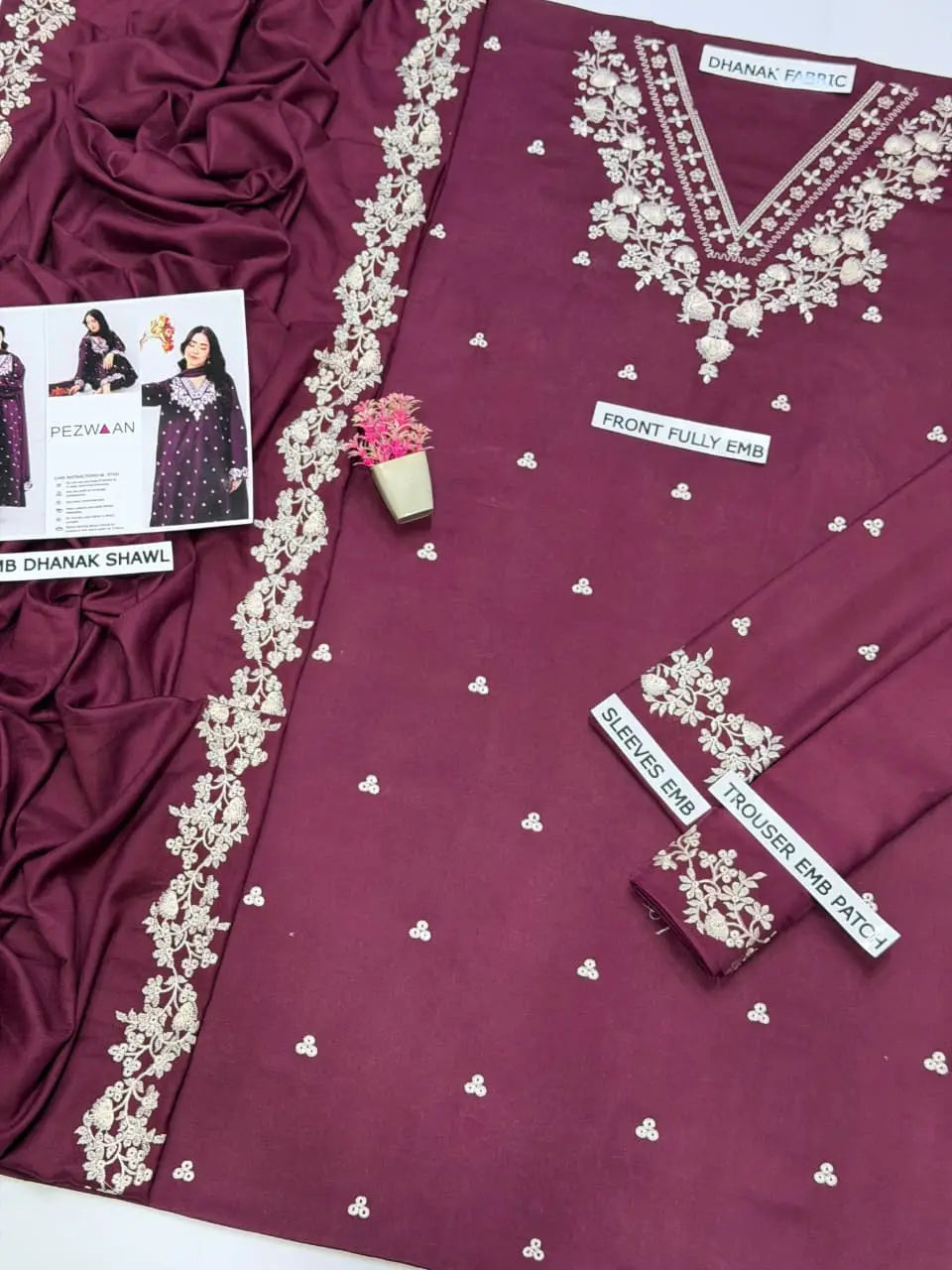 3 Pcs Women's Unstitched Embroidered Suit(HB)