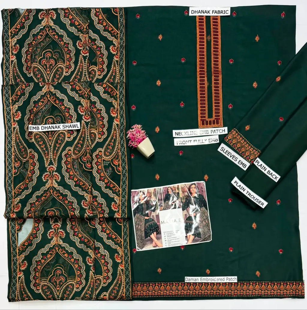 3 Pcs Women's Unstitched Embroidered Suit(HB)