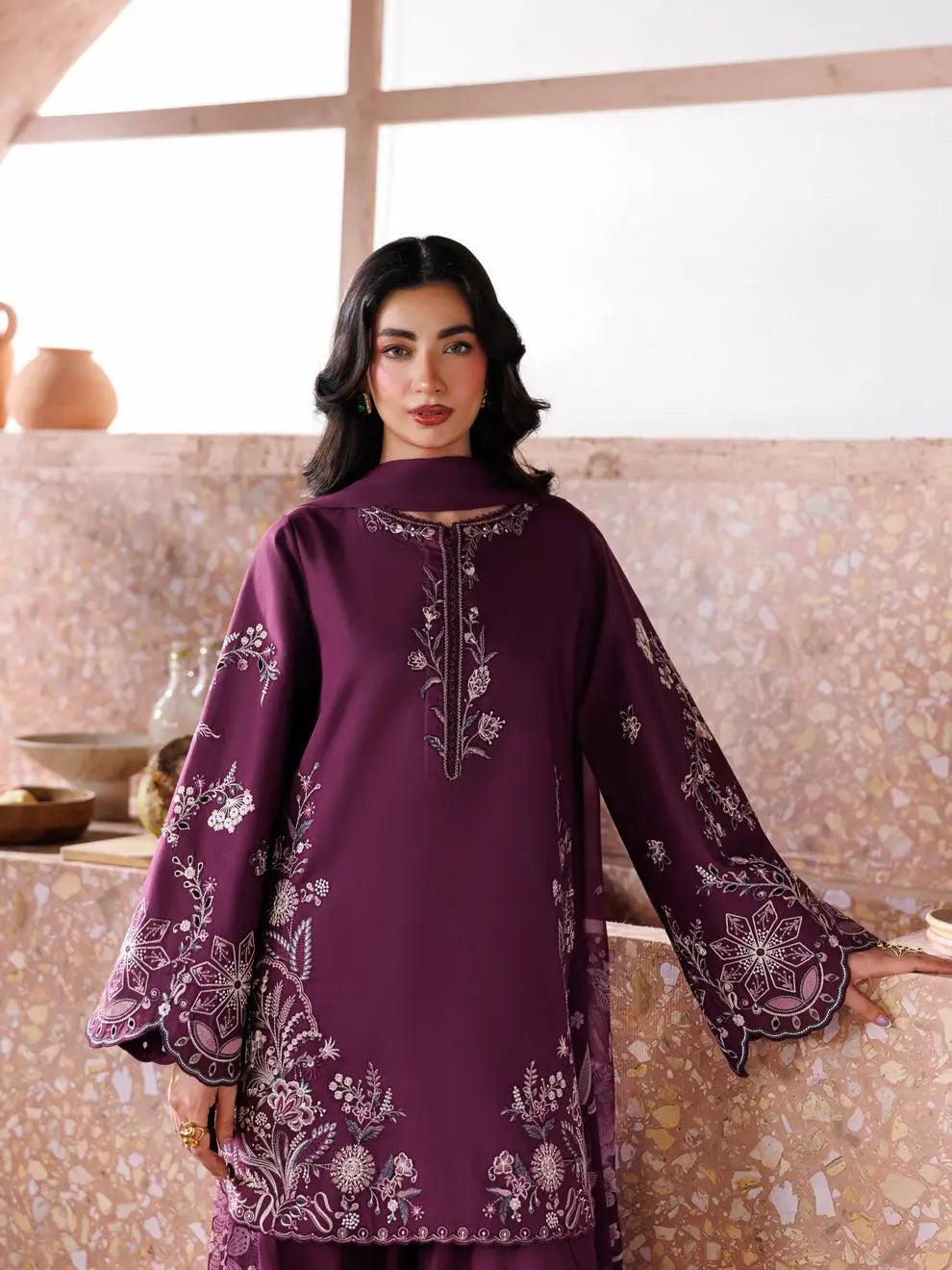 3 Pcs Women's Unstitched Embroidered Suit(HB)