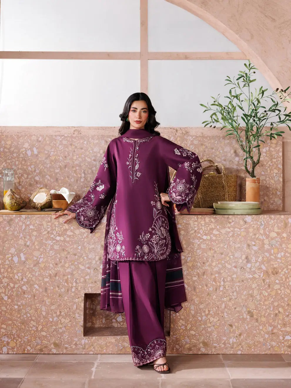 3 Pcs Women's Unstitched Embroidered Suit(HB)