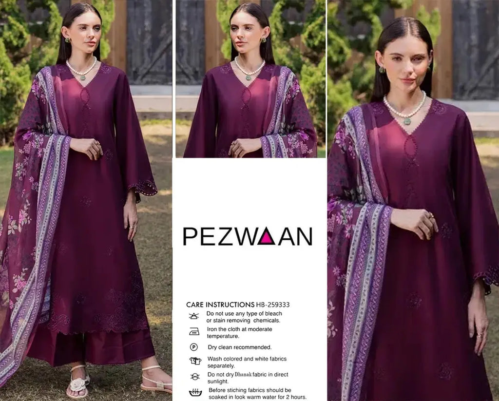 3 Pcs Women's Unstitched Embroidered Suit(HB)