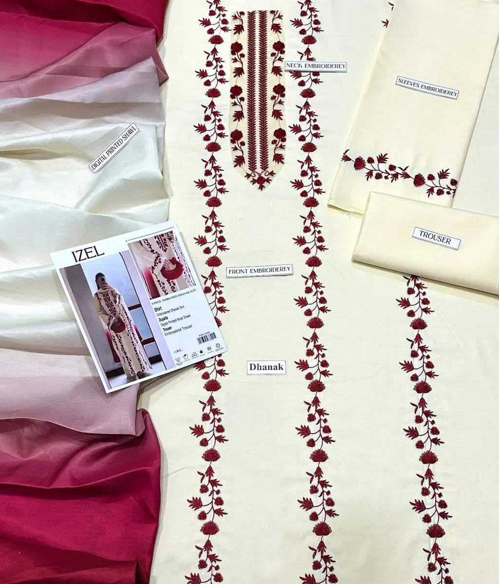 3 Pcs Women's Unstitched Embroidered Suit(HB)