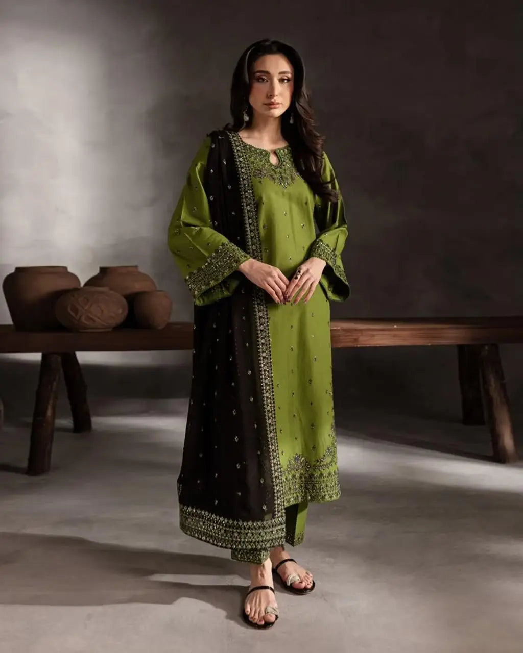 3 Pcs Women's Unstitched Embroidered Suit(HB)