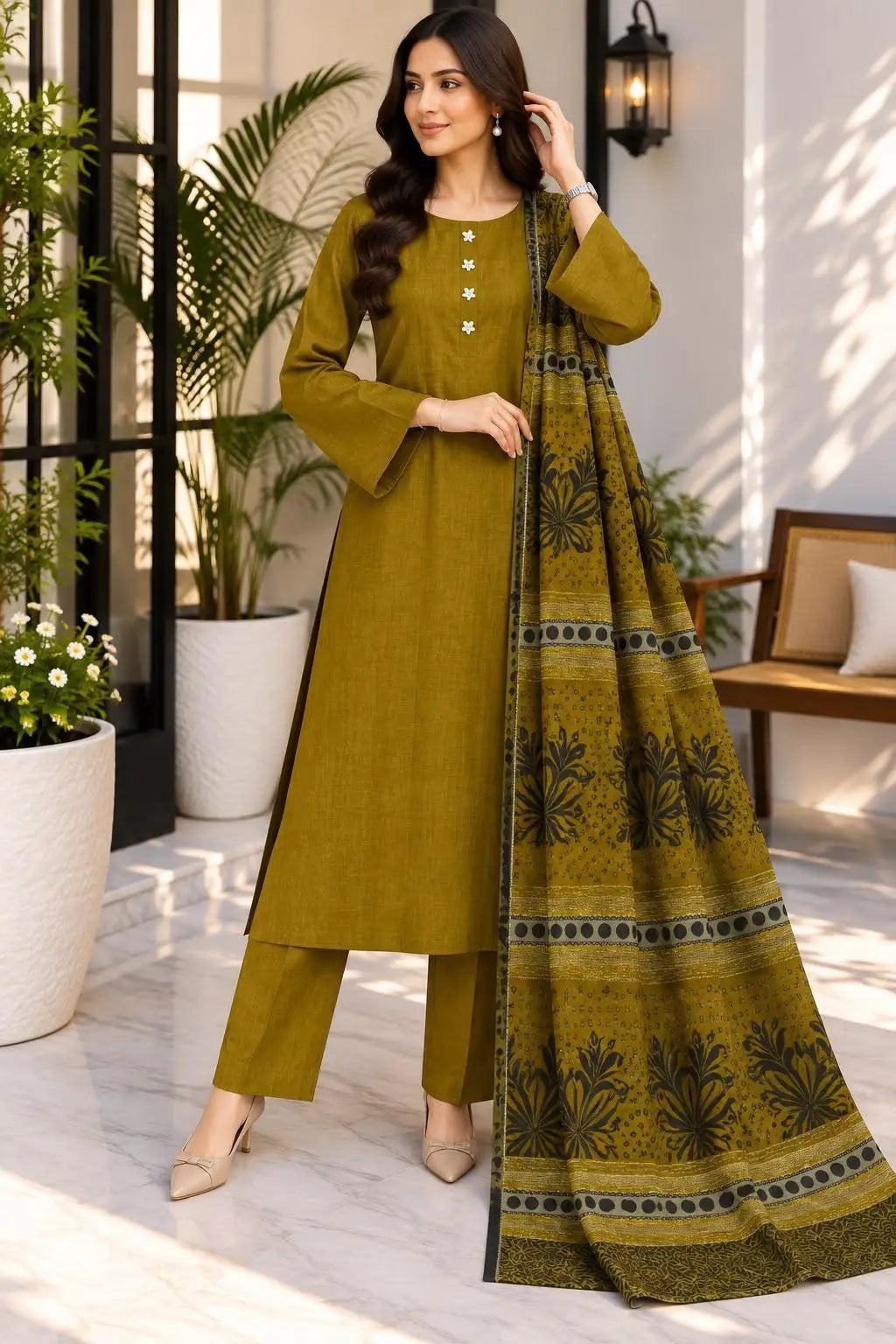 3 Pcs Women's Unstitched Plain Suit(bf)