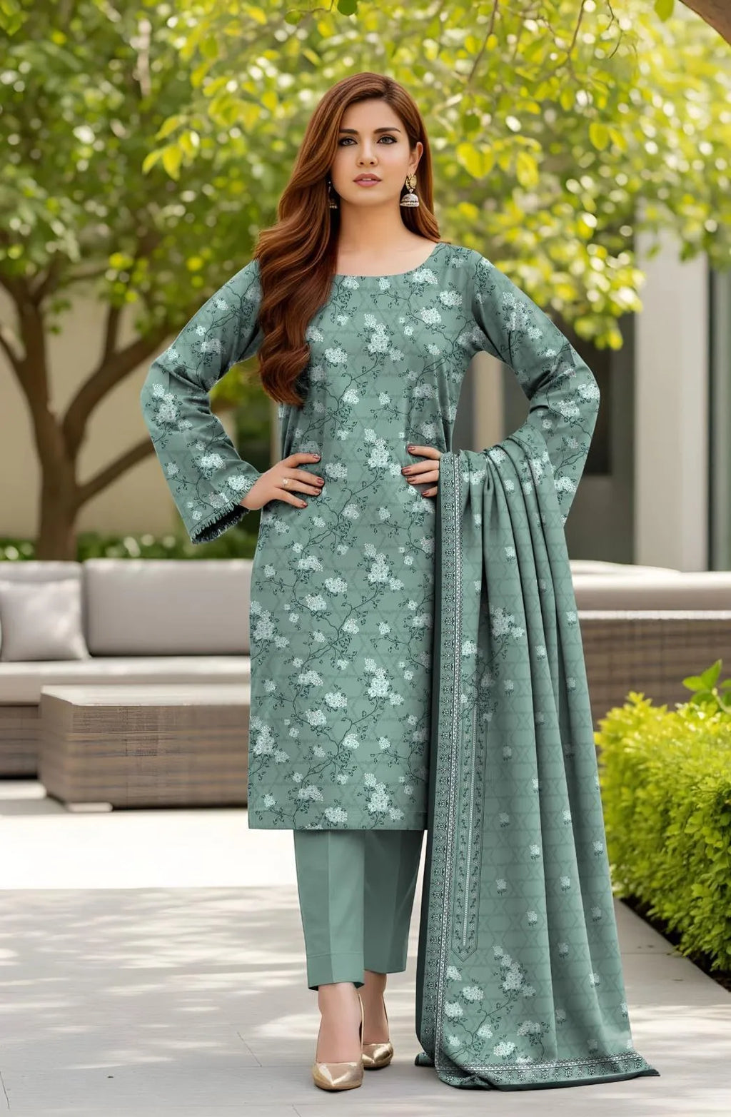 Blue Floral Printed 3-Piece Lawn Suit for Women