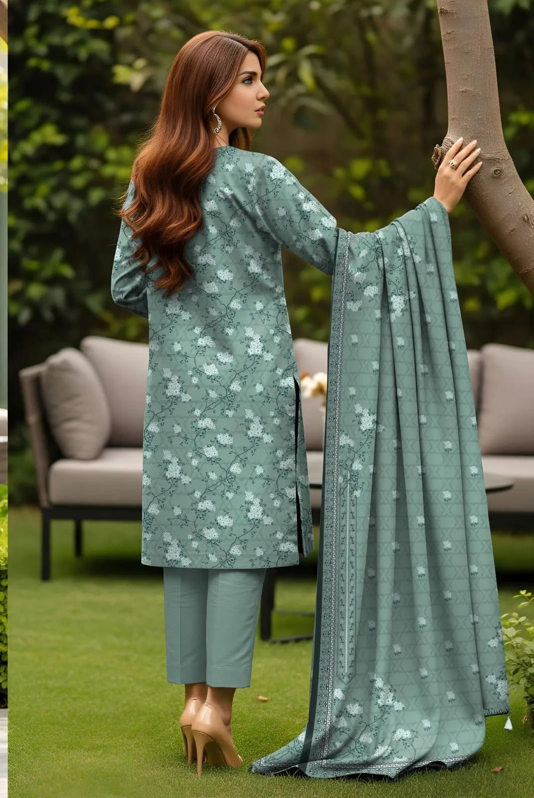 Blue Floral Printed 3-Piece Lawn Suit for Women
