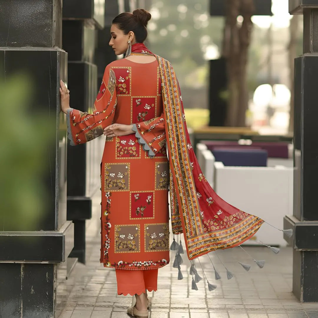 Pakistani Printed Embroidered Kurta Set Orange Red
