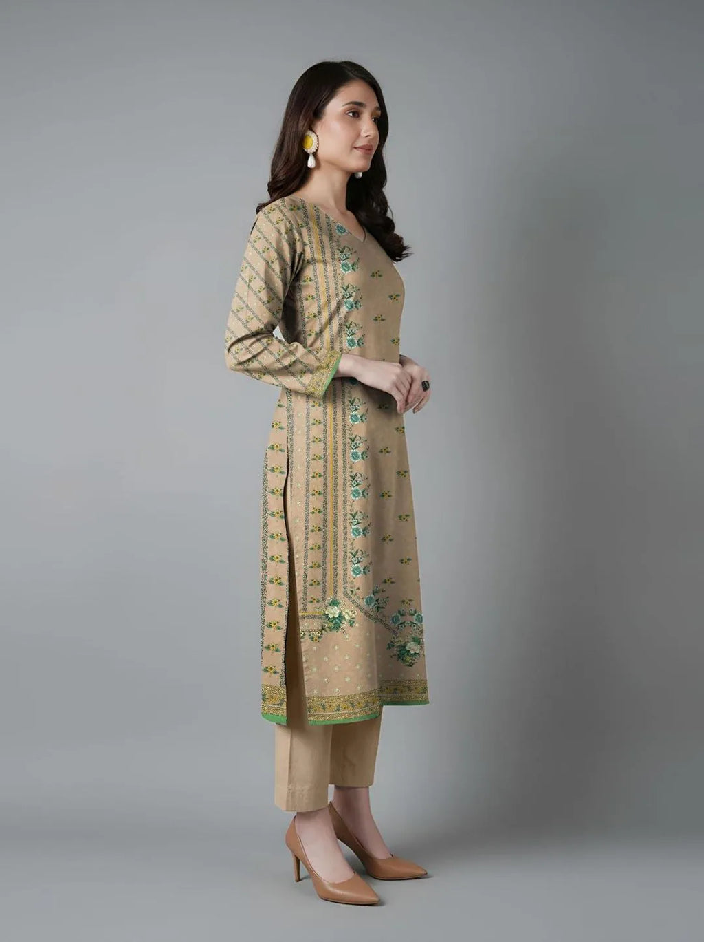 Brown Printed Dobby Lawn 3Pcs Women Suit