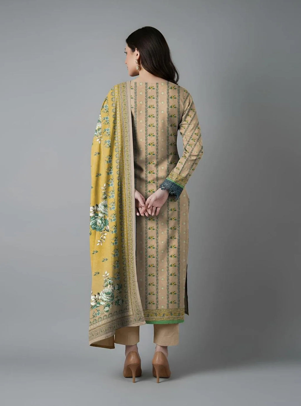 Brown Printed Dobby Lawn 3Pcs Women Suit