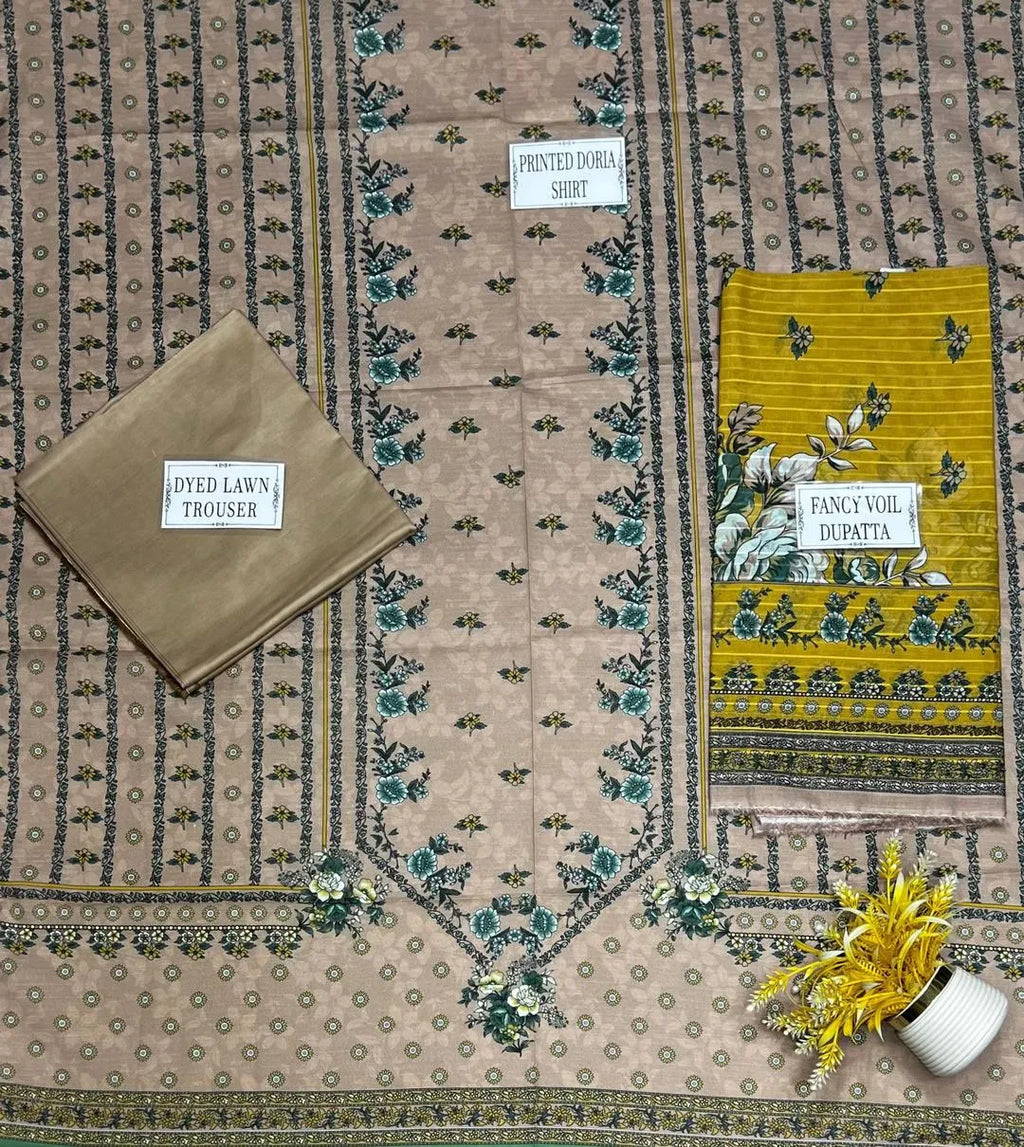 Brown Printed Dobby Lawn 3Pcs Women Suit