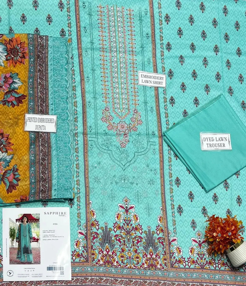 Blue Embroidered Lawn 3Pcs Set for Women