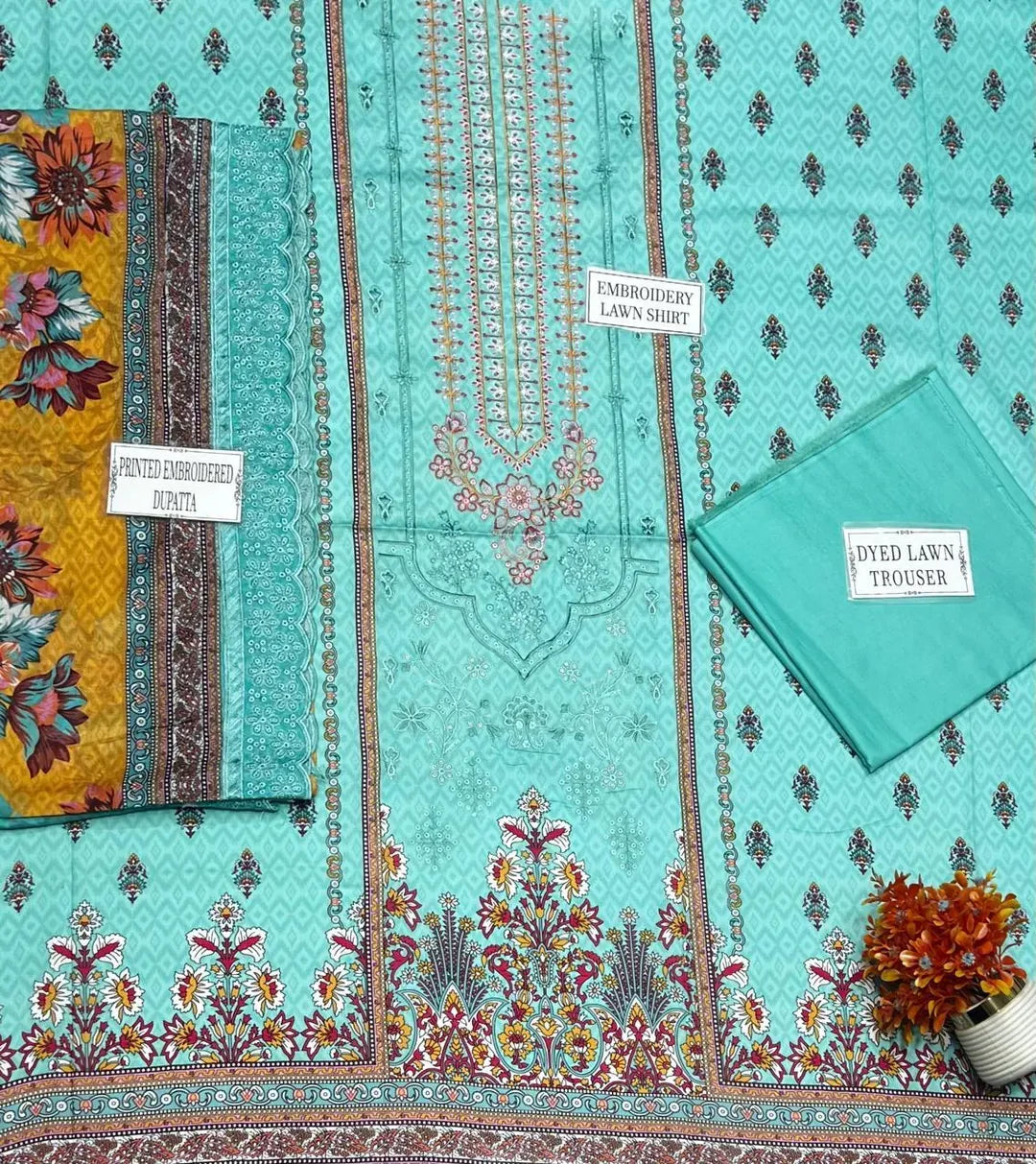 Blue Embroidered Lawn 3Pcs Set for Women