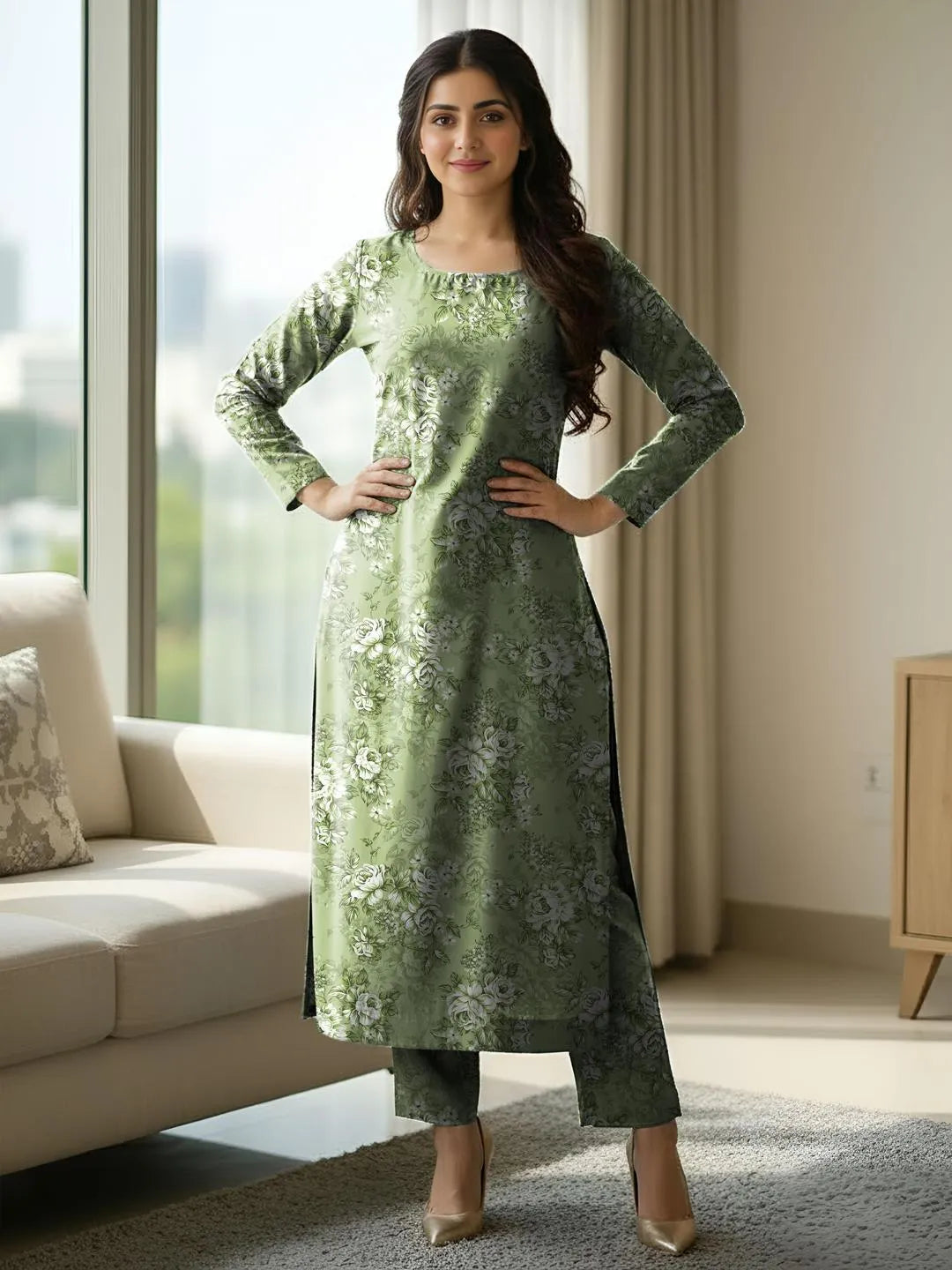 Green Embroidered Long Sleeve Kurta Set for Women