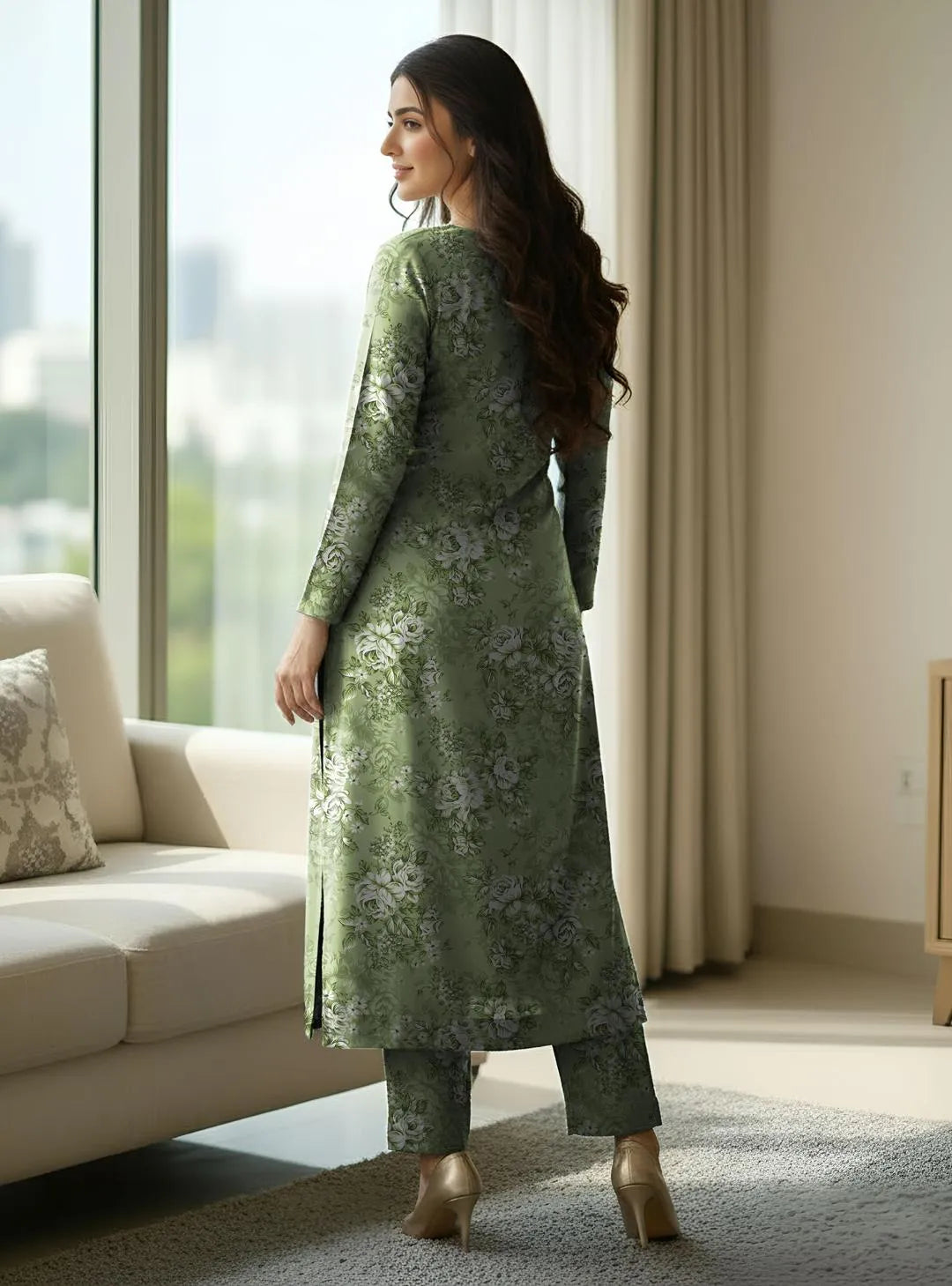 Green Embroidered Long Sleeve Kurta Set for Women
