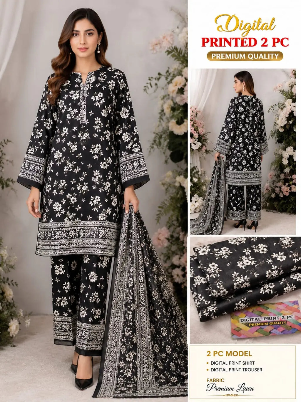 2 Pcs Women's Unstitched 3-D Block Printed Suit