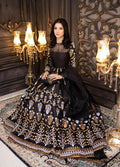 Black Katan Silk Maxi Set with Golden Floral Embroidery