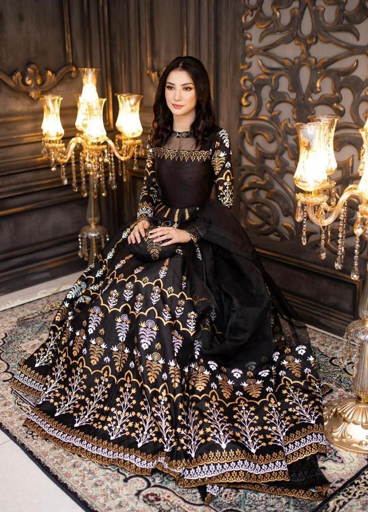 Black Katan Silk Maxi Set with Golden Floral Embroidery