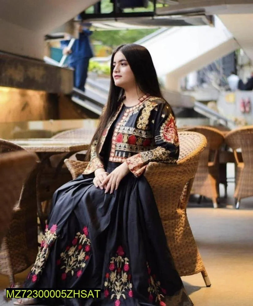 3 Pcs Women's Stitched Fancy Katan Silk Embroidered Maxi