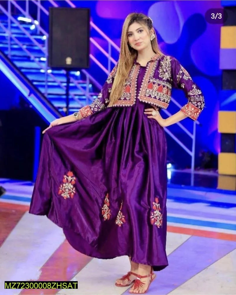 3 Pcs Women's Stitched Fancy Katan Silk Embroidered Maxi