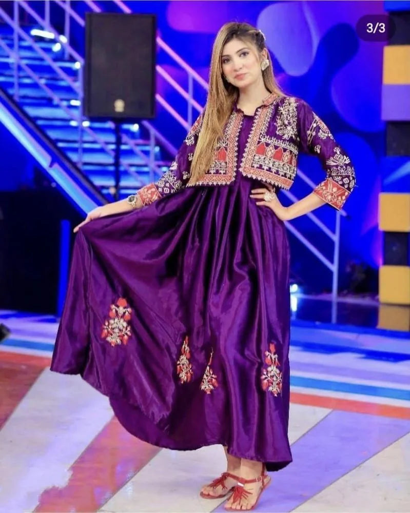 3 Pcs Women's Stitched Fancy Katan Silk Embroidered Maxi
