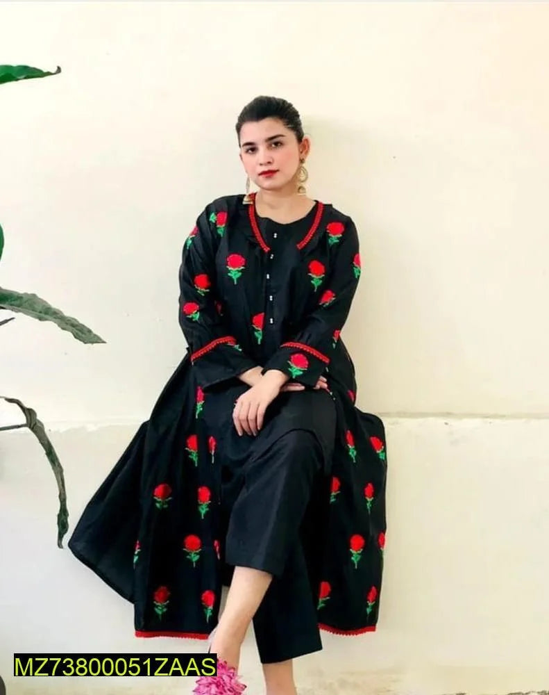 3 Pcs Women’s Stitched Katan Silk Embroidered Gown Suit