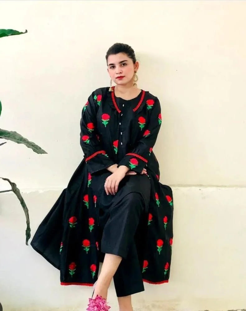 3 Pcs Women’s Stitched Katan Silk Embroidered Gown Suit