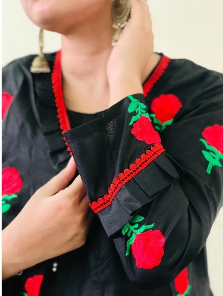 3 Pcs Women’s Stitched Katan Silk Embroidered Gown Suit