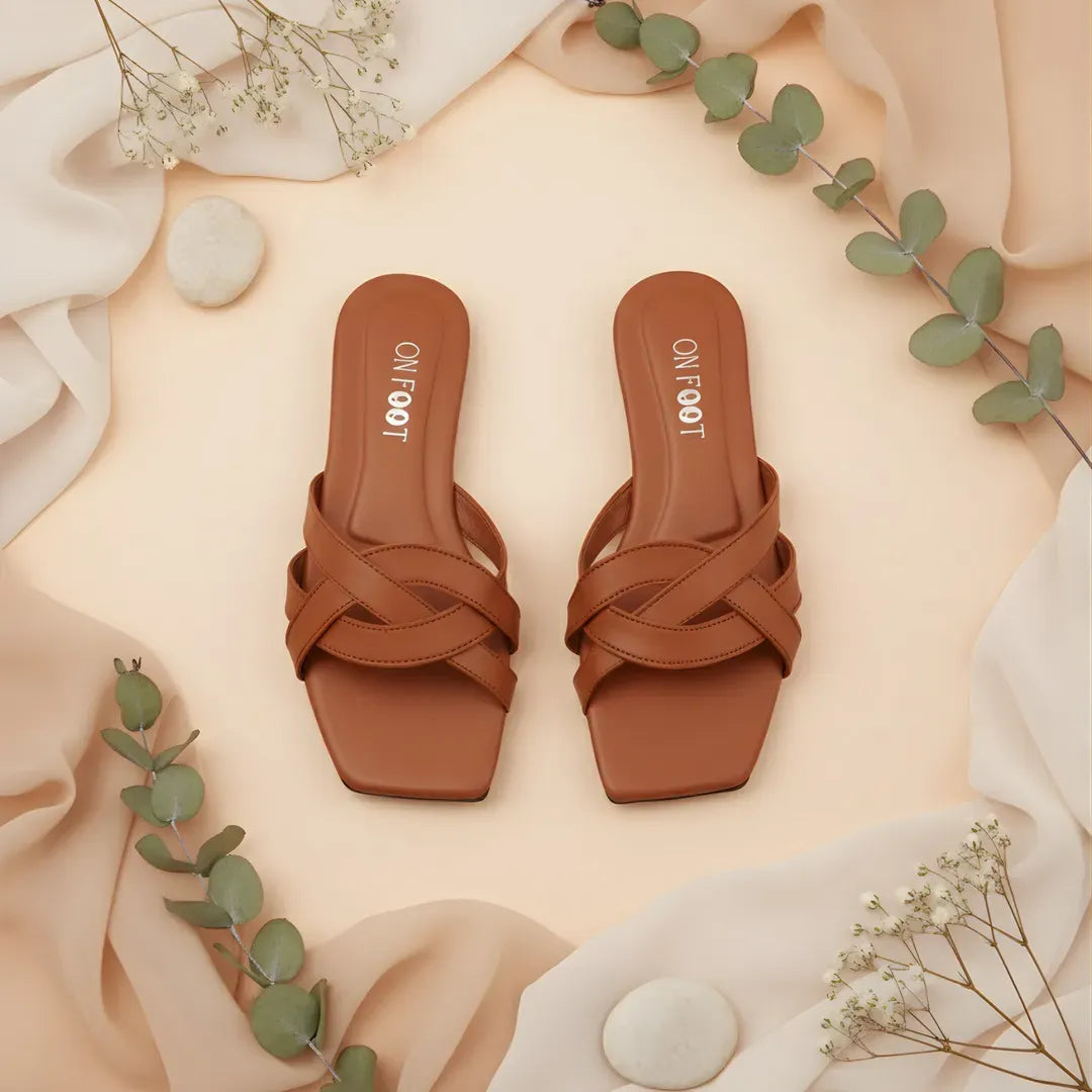 Mustard Leather Cross Strap Sandals for Women