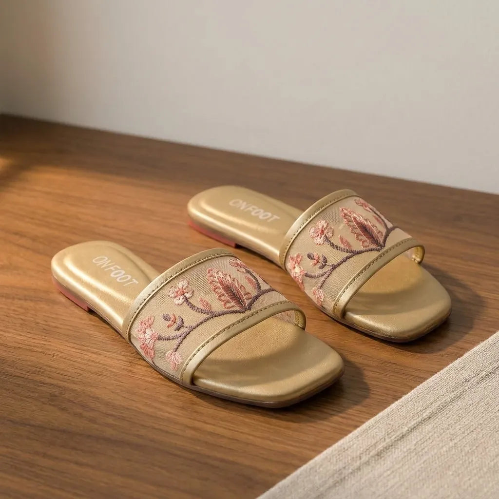 Celeste Embroidered Gold Women's Casual Formal Sliders