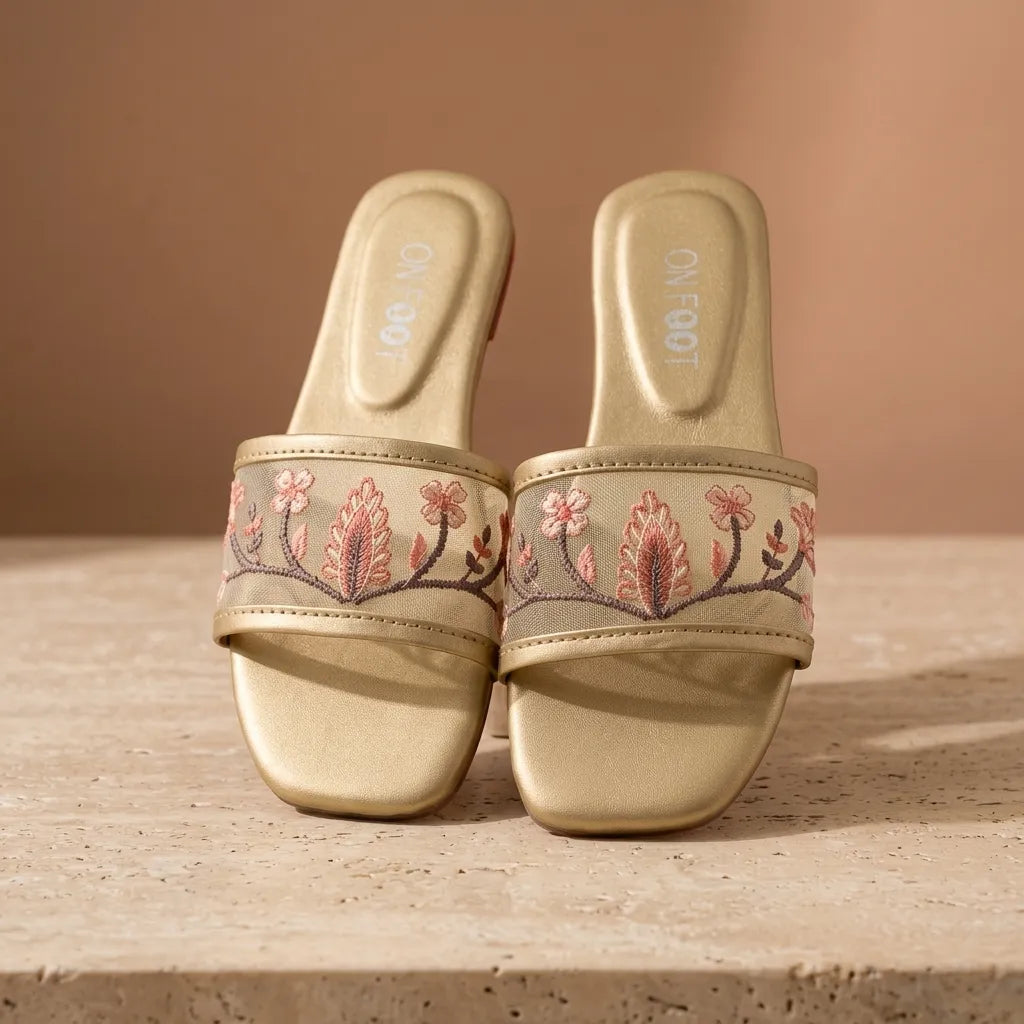 Celeste Embroidered Gold Women's Casual Formal Sliders