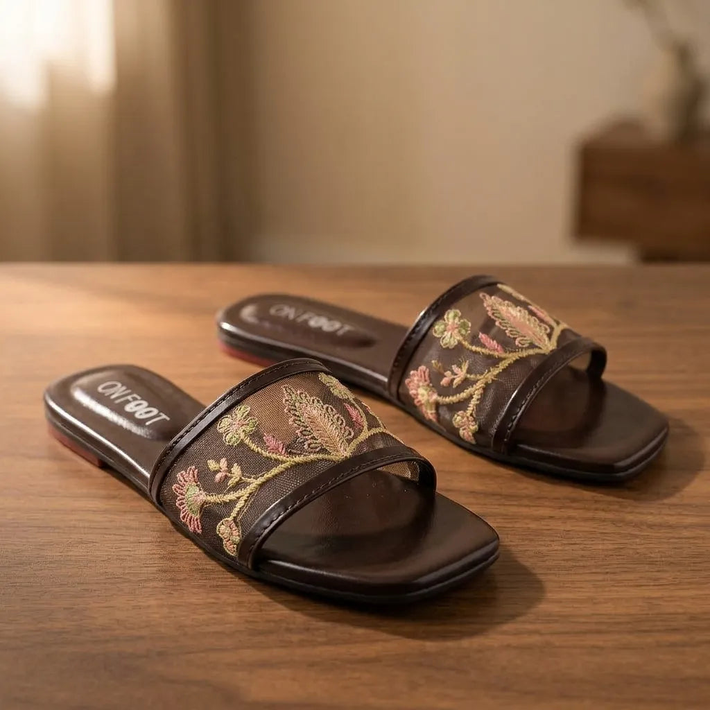 Women's Embroidered Brown Slides Casual Formal Wear