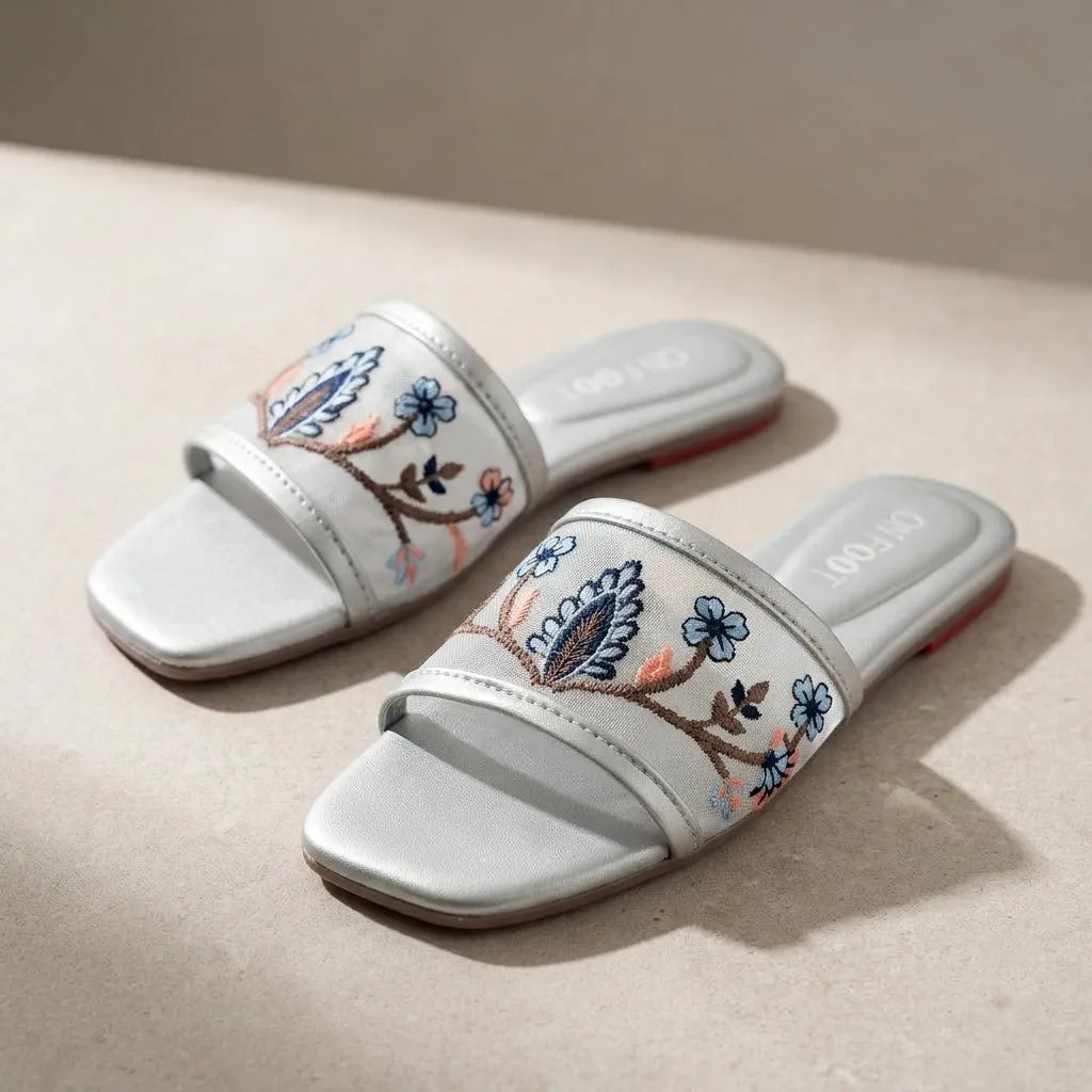 Celeste Embroidered Silver Sliders Women's Casual Formal Wear