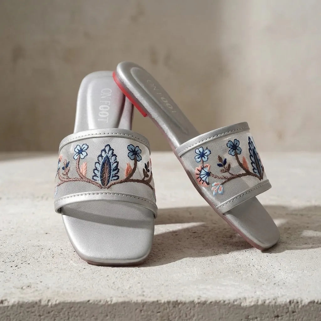 Celeste Embroidered Silver Sliders Women's Casual Formal Wear