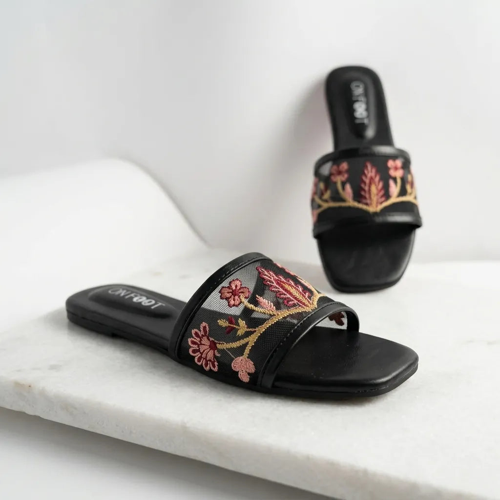 Celeste Embroidered Black Women's Casual Formal Sliders