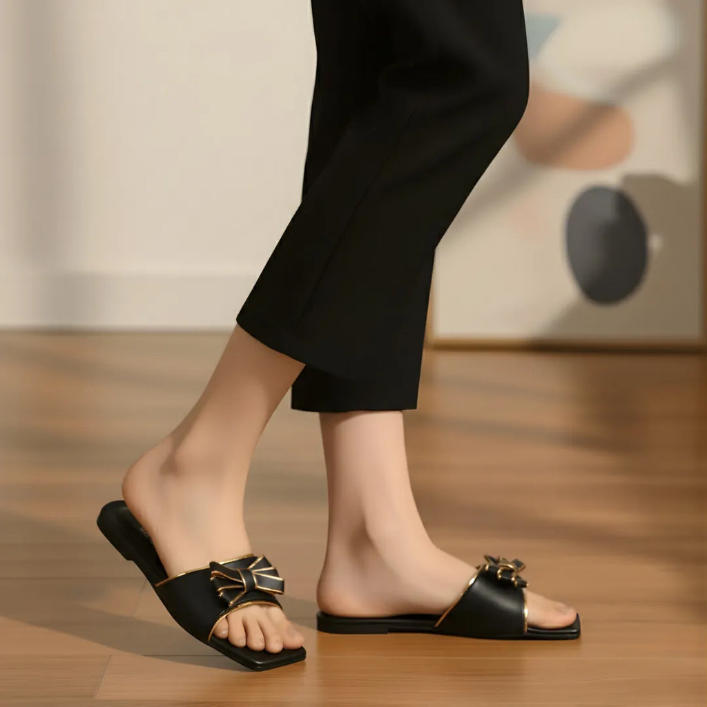 Women's Black Bow Flat Sandals Size 36-41