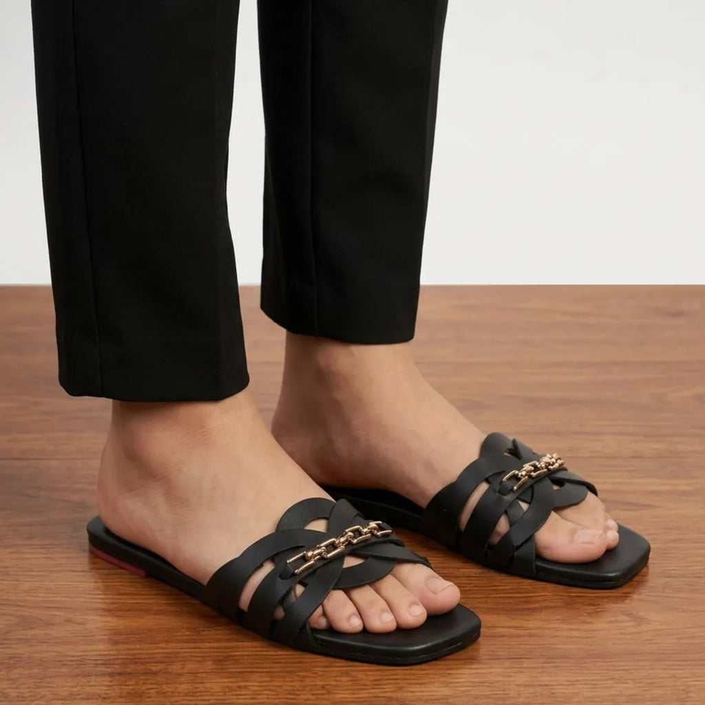 Women's Black Rexine Cross Slides with Rhinestone Chain