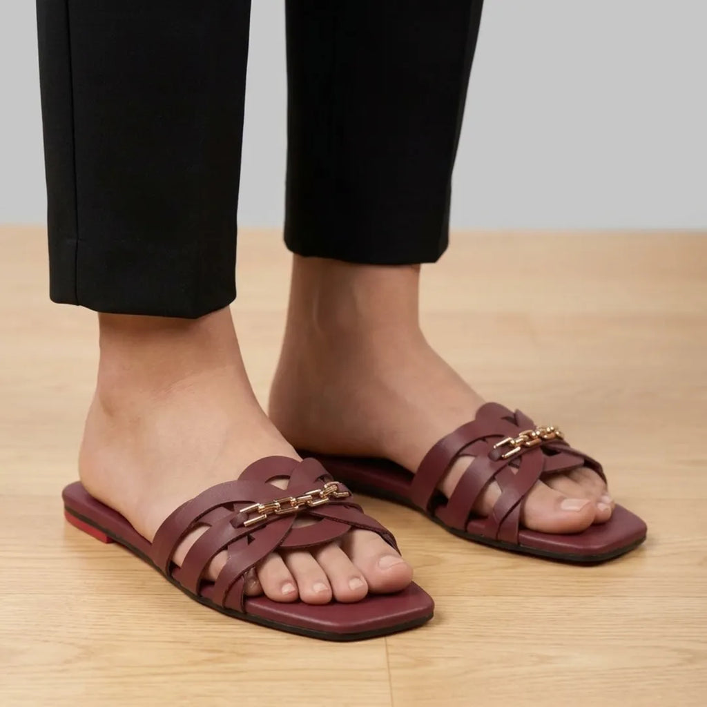 Maroon Ruby Chain Cross Slides for Women
