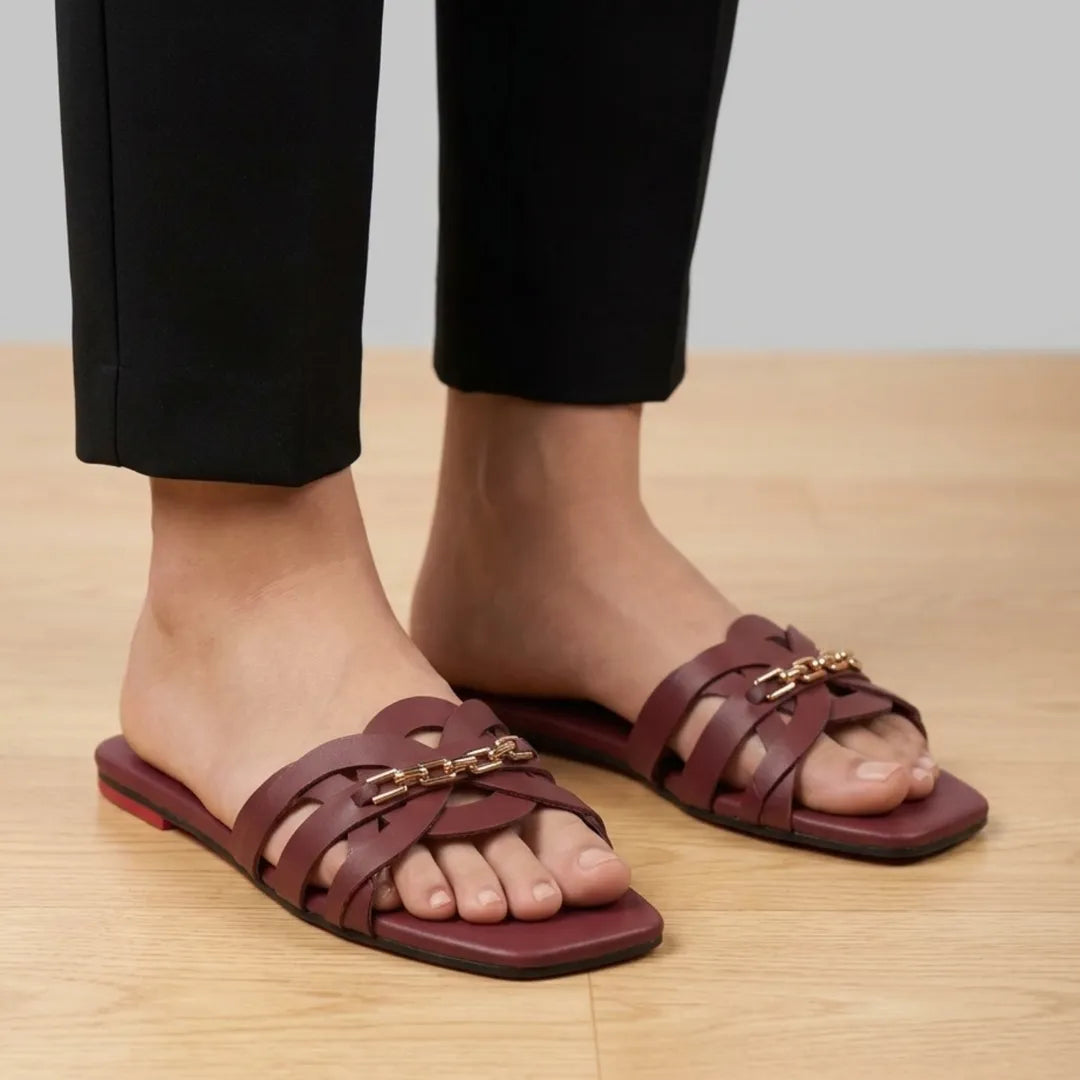 Maroon Ruby Chain Cross Slides for Women