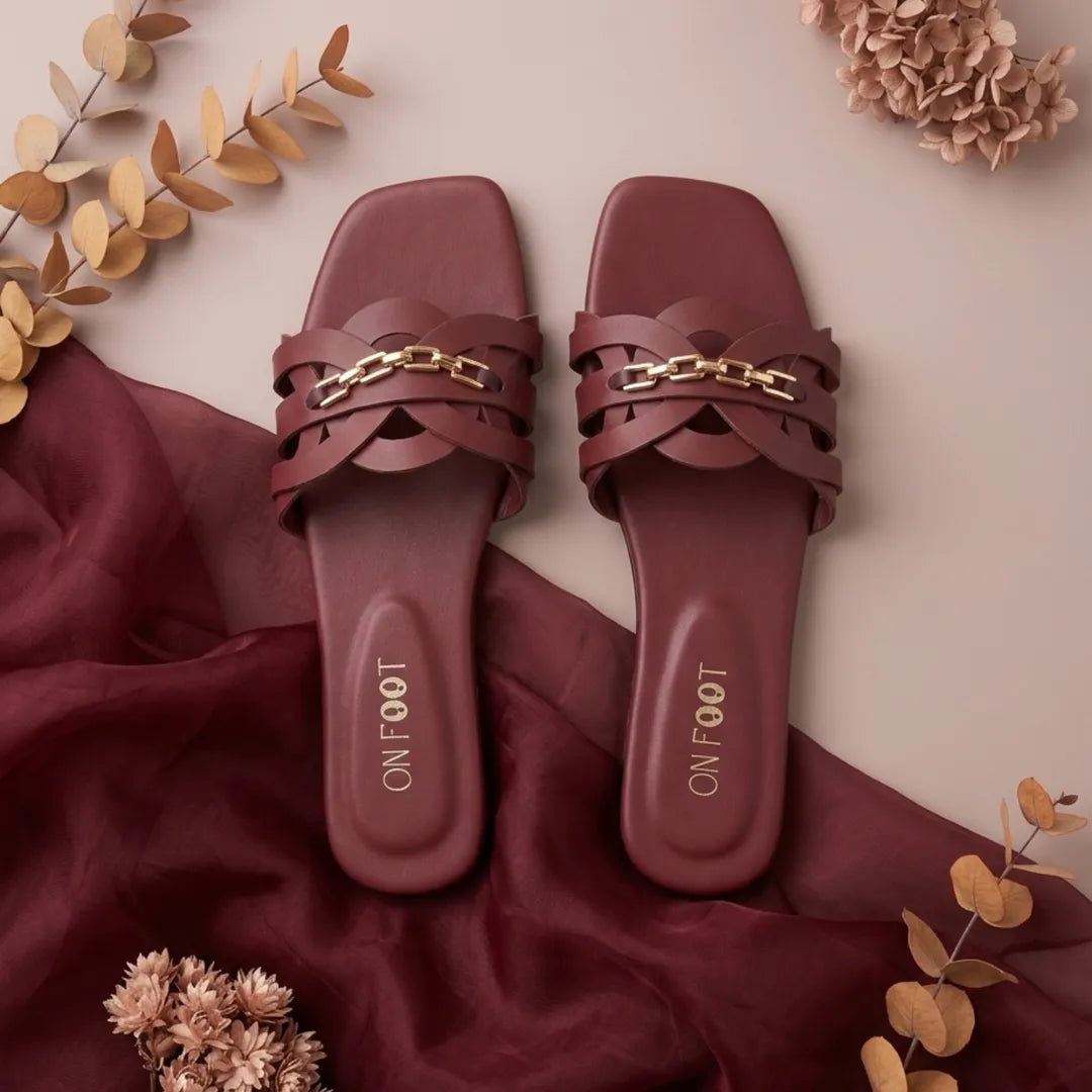 Maroon Ruby Chain Cross Slides for Women